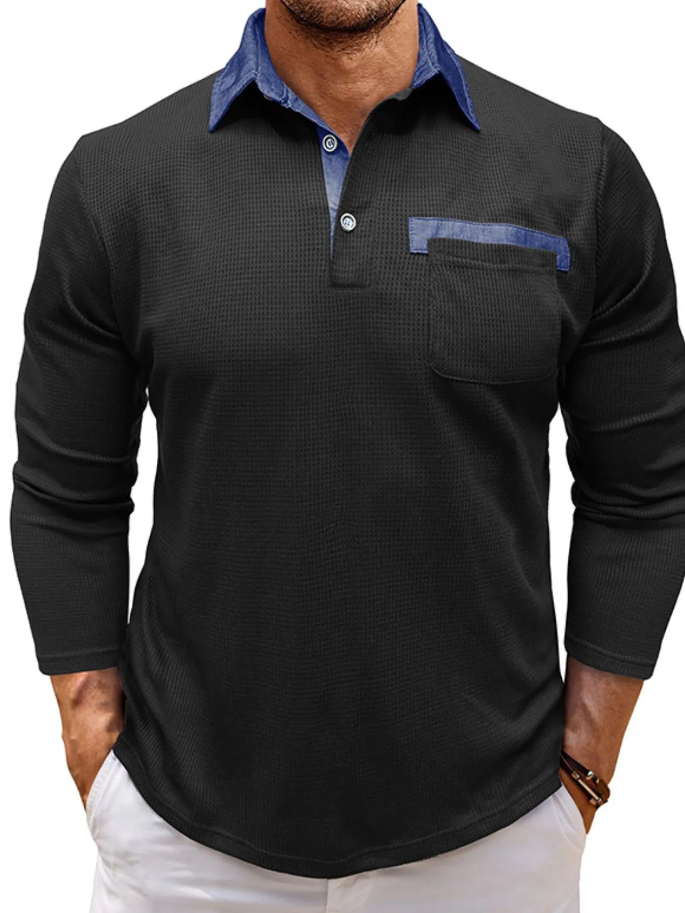 Men's Contrast Collar Long Sleeve Casual Polo Shirt - Men's Polo shirt by Trendsi | Available at Handbags Specialist Headquarter