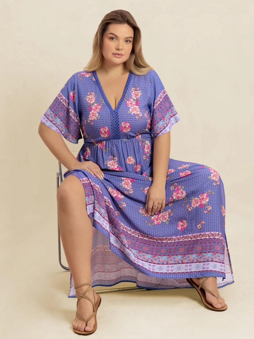 Plus Size Printed V-Neck Flutter Sleeve Dress - Dresses by Trendsi | Available at Handbags Specialist Headquarter
