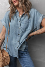 Folded Short Sleeve Patched Pocket Denim Shirt - Women / Jeans & Denim by Trendsi | Available at Handbags Specialist Headquarter