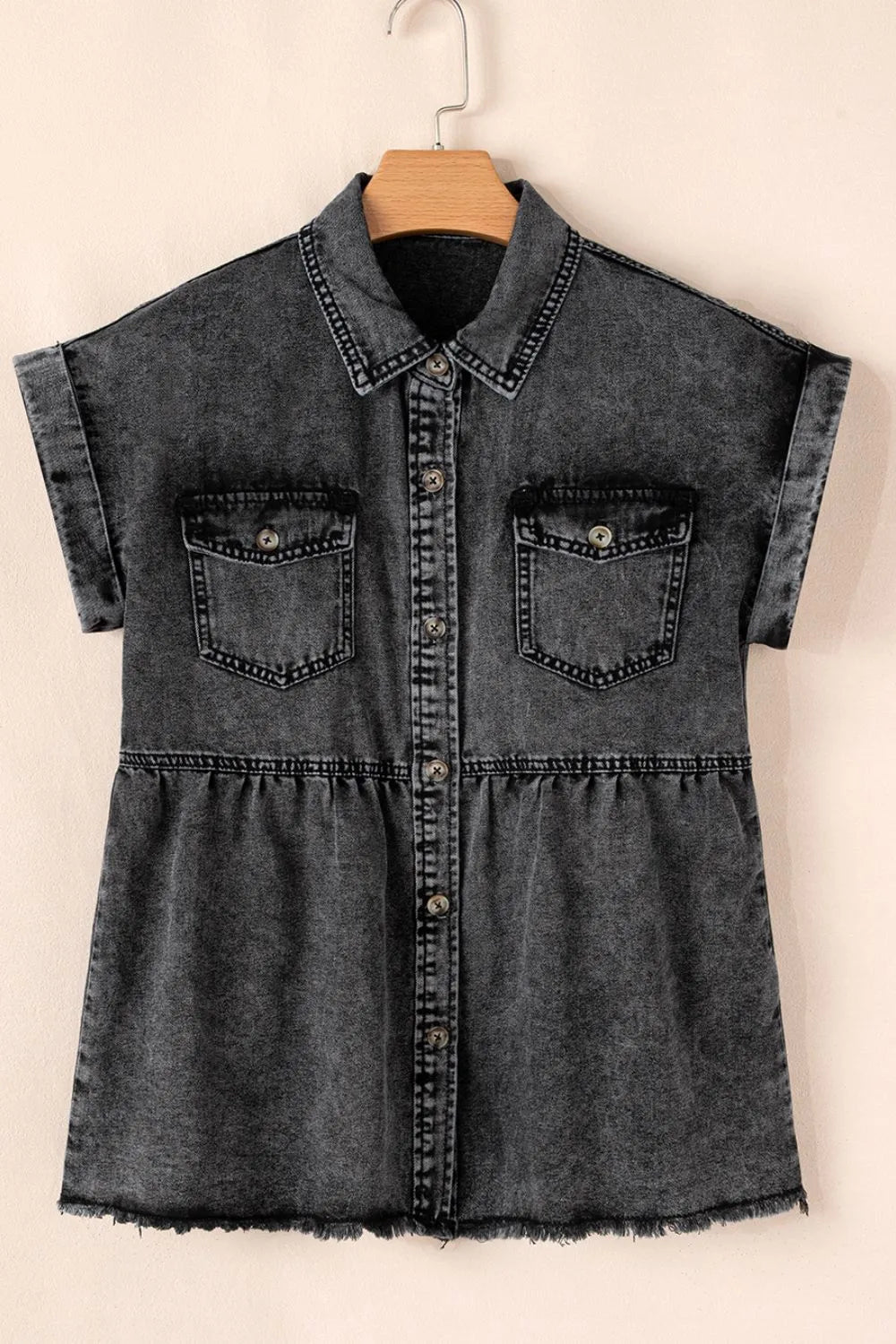Short Sleeve Flap Pocket Button Up Raw Hem Denim Shirt - Women / Jeans & Denim by Trendsi | Available at Handbags Specialist Headquarter