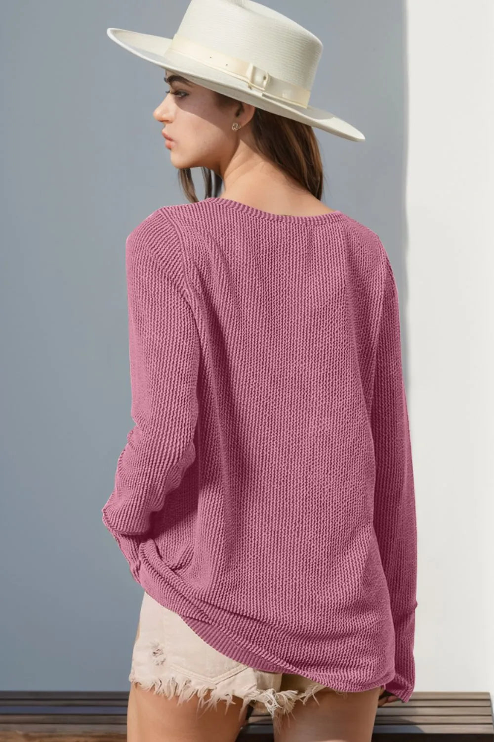 Double Take Full Size Notched Thumbhole Long Sleeve T-Shirt - Tops by Trendsi | Available at Handbags Specialist Headquarter