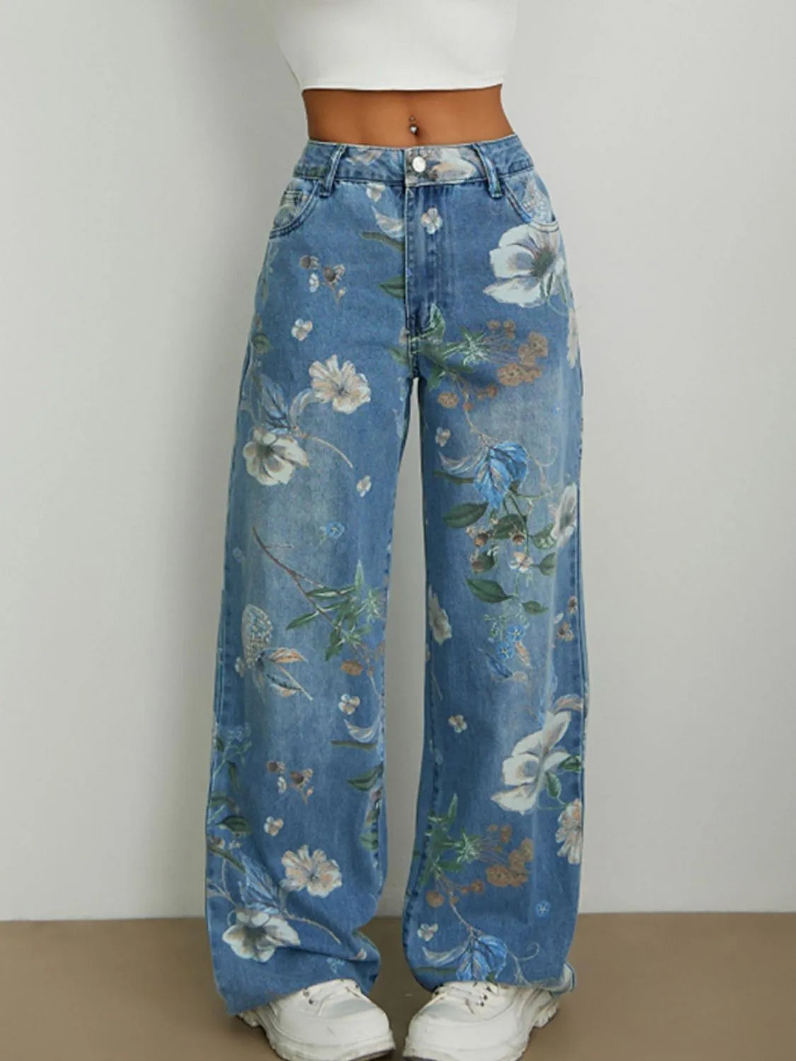 Printed Wide Leg Jeans - Women / Jeans & Denim by Trendsi | Available at Handbags Specialist Headquarter