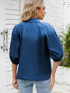 Denim Bow Tie Puff Sleeve Top - Tops by Trendsi | Available at Handbags Specialist Headquarter