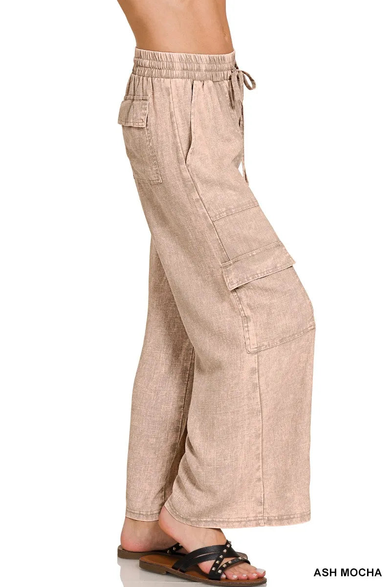 Zenana Washed Linen Elastic Band Waist Cargo Pants - Women Pants by Trendsi | Available at Handbags Specialist Headquarter
