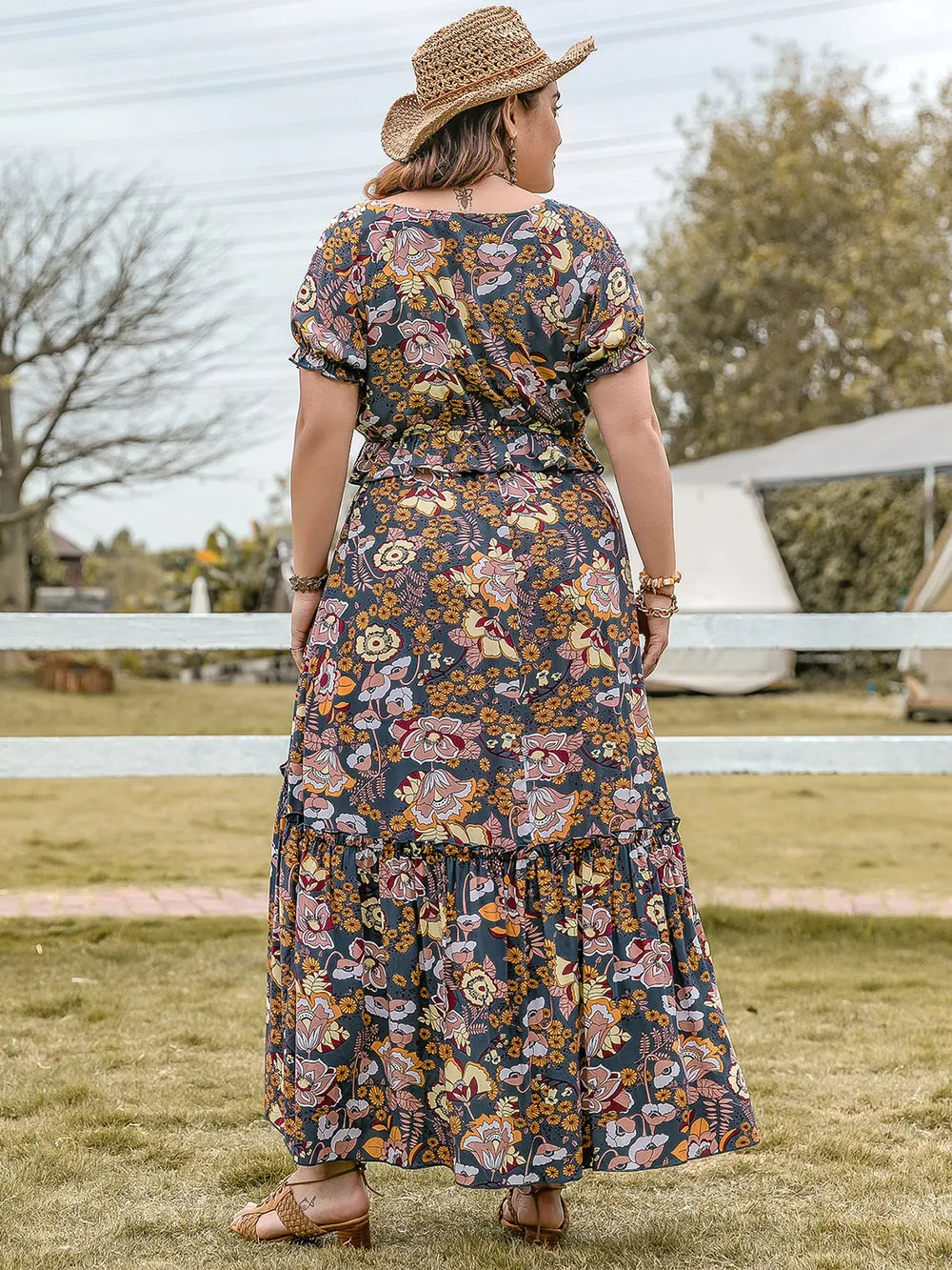 Plus Size Tie Neck Short Sleeve Top and Skirt Set -  by Trendsi | Available at Handbags Specialist Headquarter