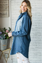 Veveret Pocketed Button Up Washed Denim Shirt - Women / Jeans & Denim by Trendsi | Available at Handbags Specialist Headquarter