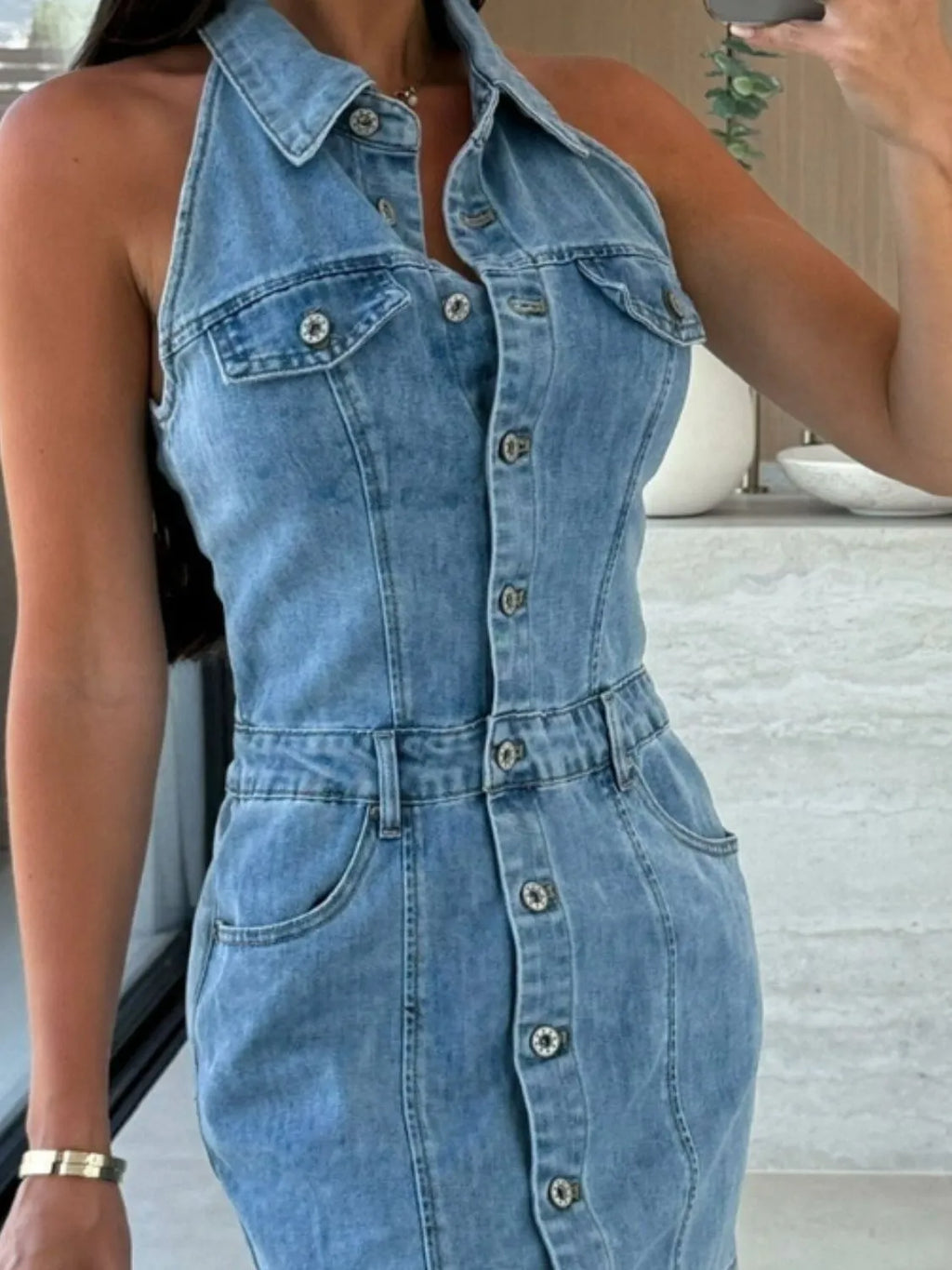 Button Front Sleeveless Denim Mini Dress - Women / Jeans & Denim by Trendsi | Available at Handbags Specialist Headquarter