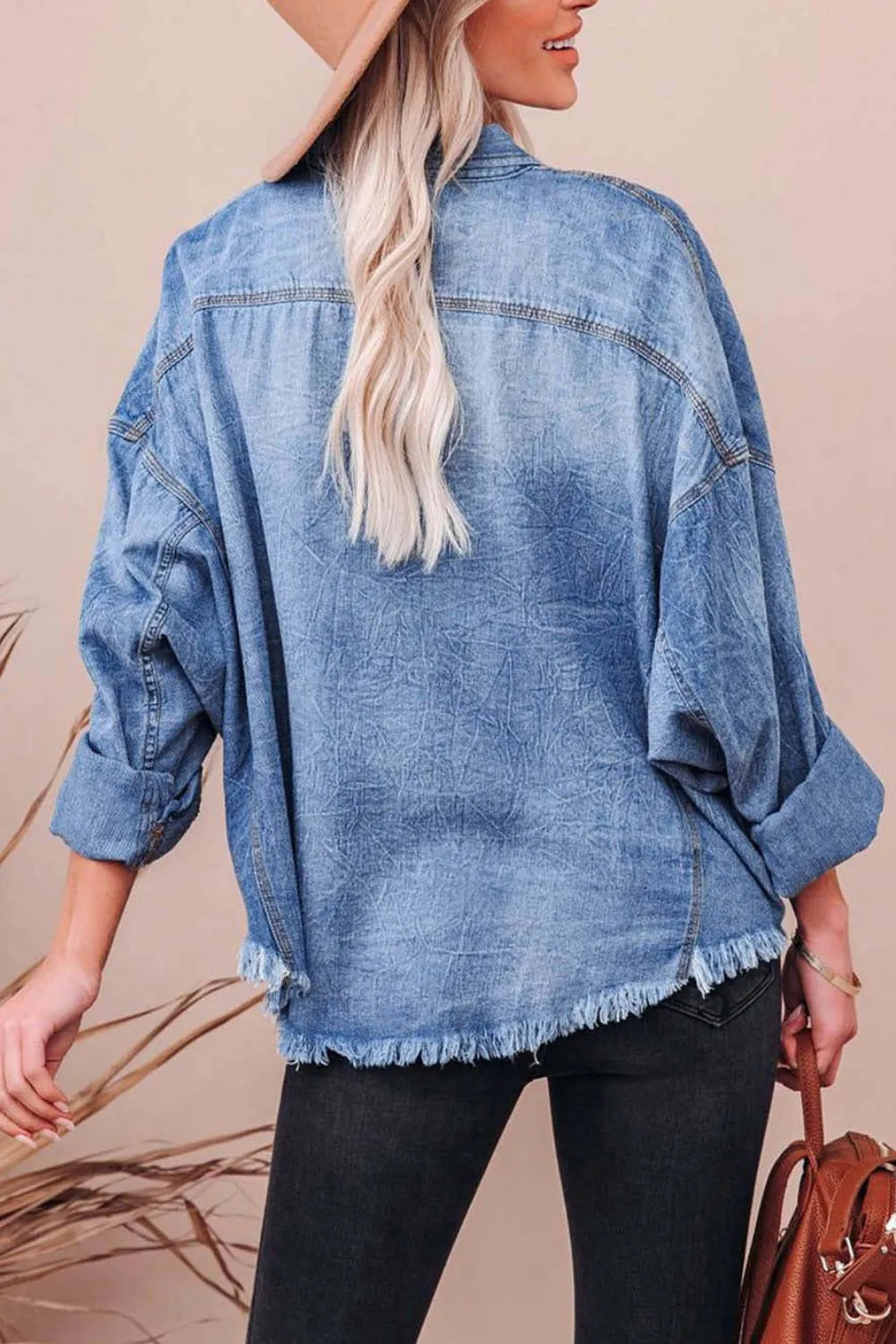 Collared Neck Raw Hem Long Sleeve Denim Shirt - Women / Jeans & Denim by Trendsi | Available at Handbags Specialist Headquarter