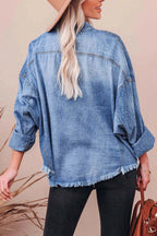 Collared Neck Raw Hem Long Sleeve Denim Shirt - Women / Jeans & Denim by Trendsi | Available at Handbags Specialist Headquarter