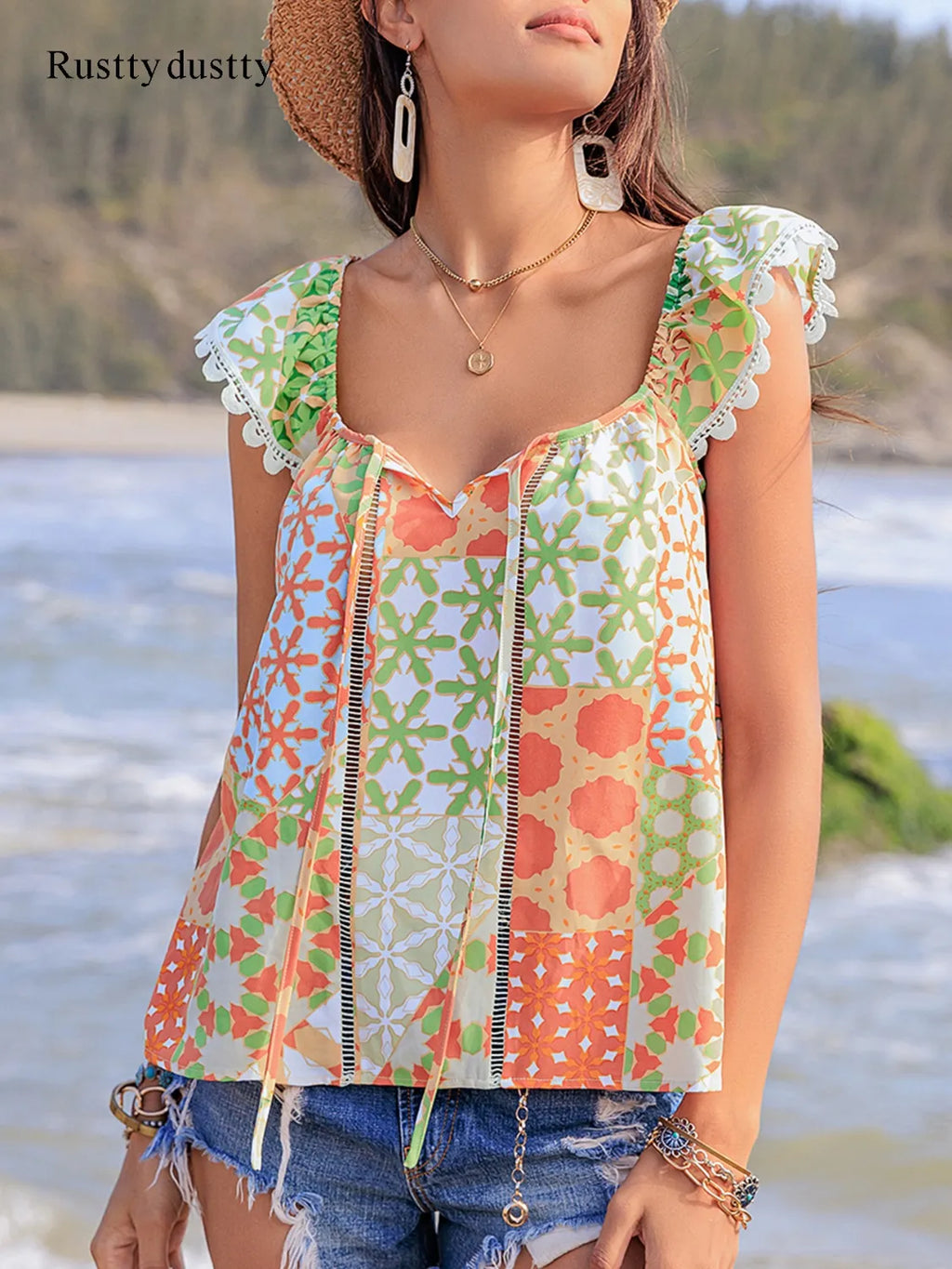 Lace Detail Printed Tie Neck Cap Sleeve Blouse - Tops by Trendsi | Available at Handbags Specialist Headquarter