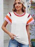 Colorblock Striped Short Sleeve Sweater - Tops by Trendsi | Available at Handbags Specialist Headquarter