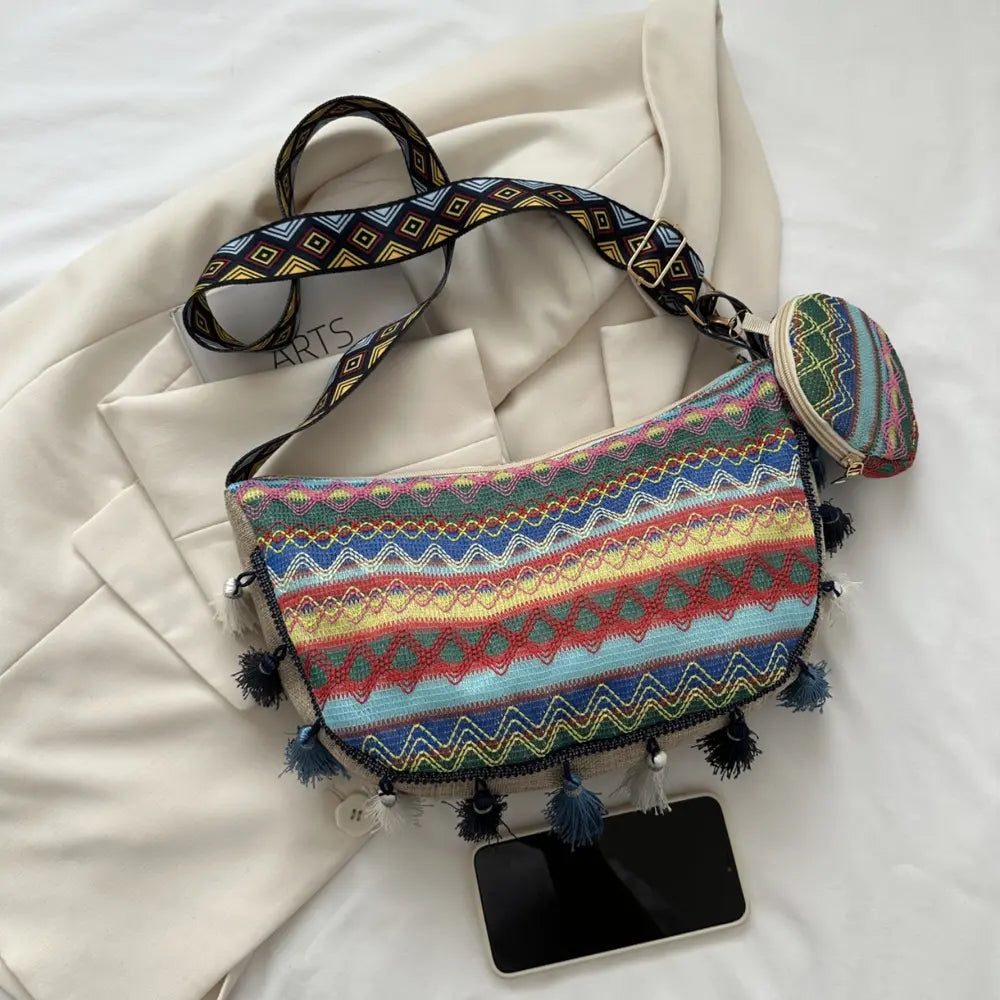 Printed Tassel Detail Crossbody Bag with Small Purse - Handbags by Trendsi | Available at Handbags Specialist Headquarter