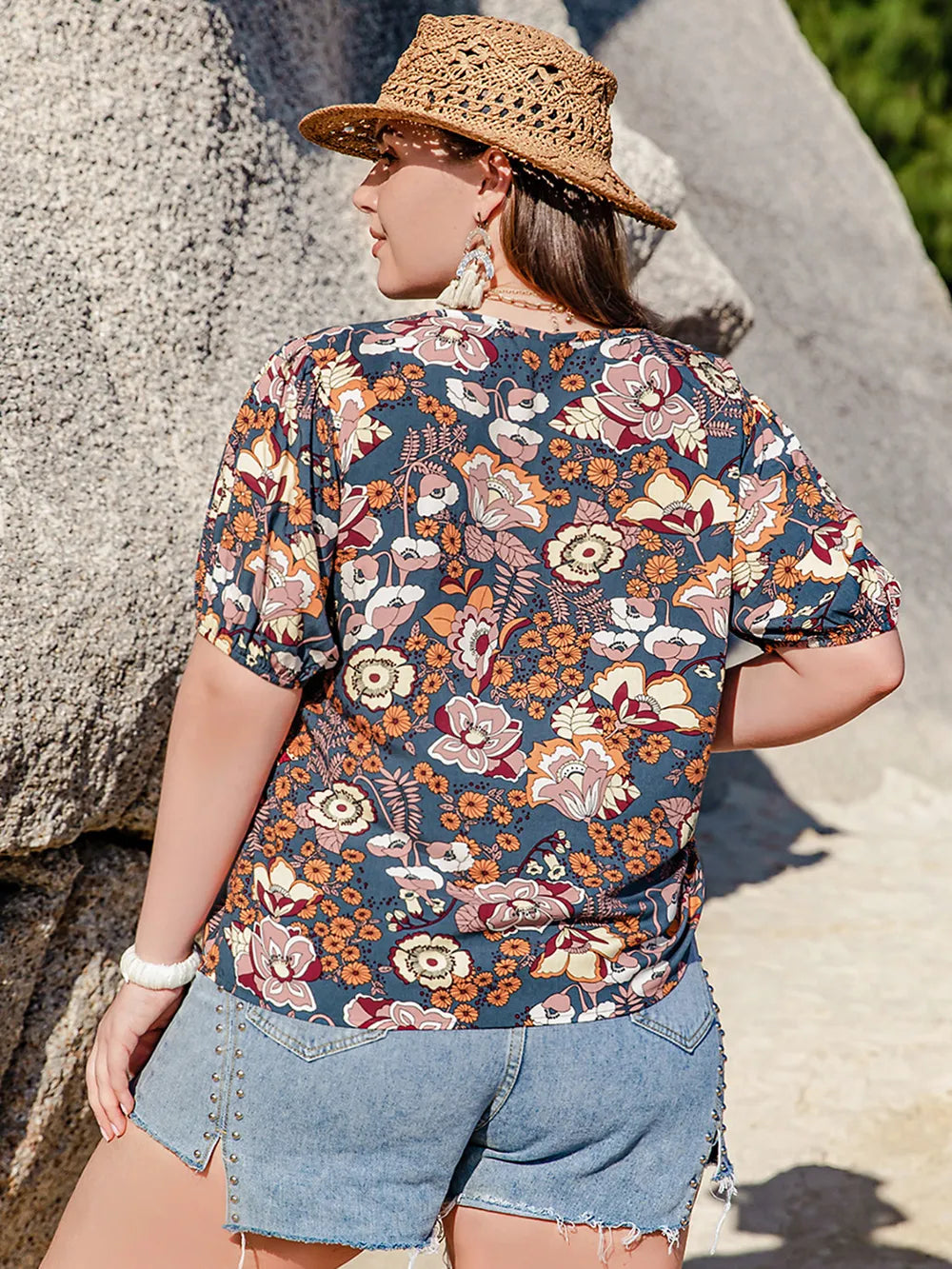 Plus Size Printed Notched Half Sleeve Blouse - Plus Size Shirts by Trendsi | Available at Handbags Specialist Headquarter