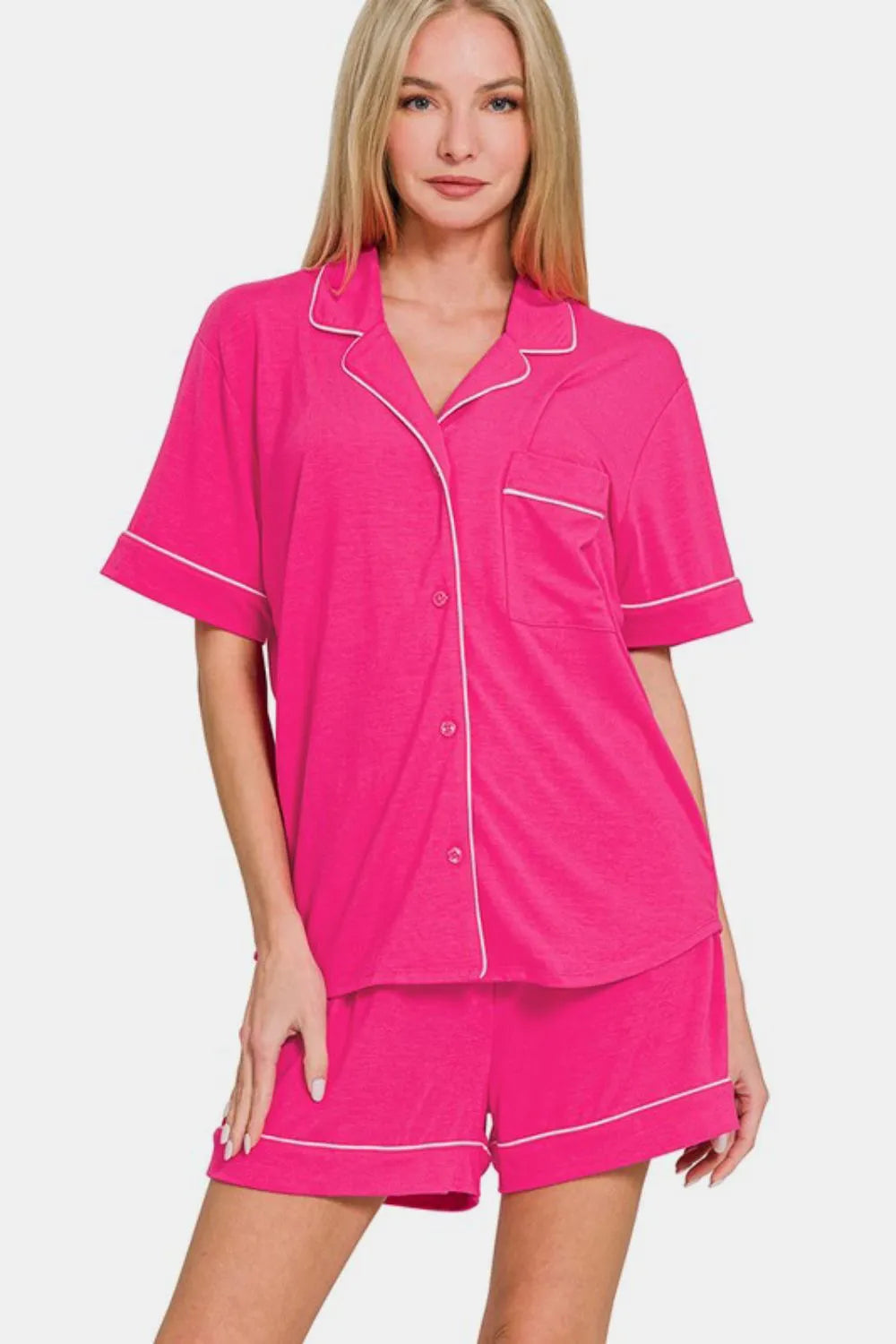 Zenana Button Down Short Sleeve Top and Shorts Lounge Set - Sleepwear by Trendsi | Available at Handbags Specialist Headquarter