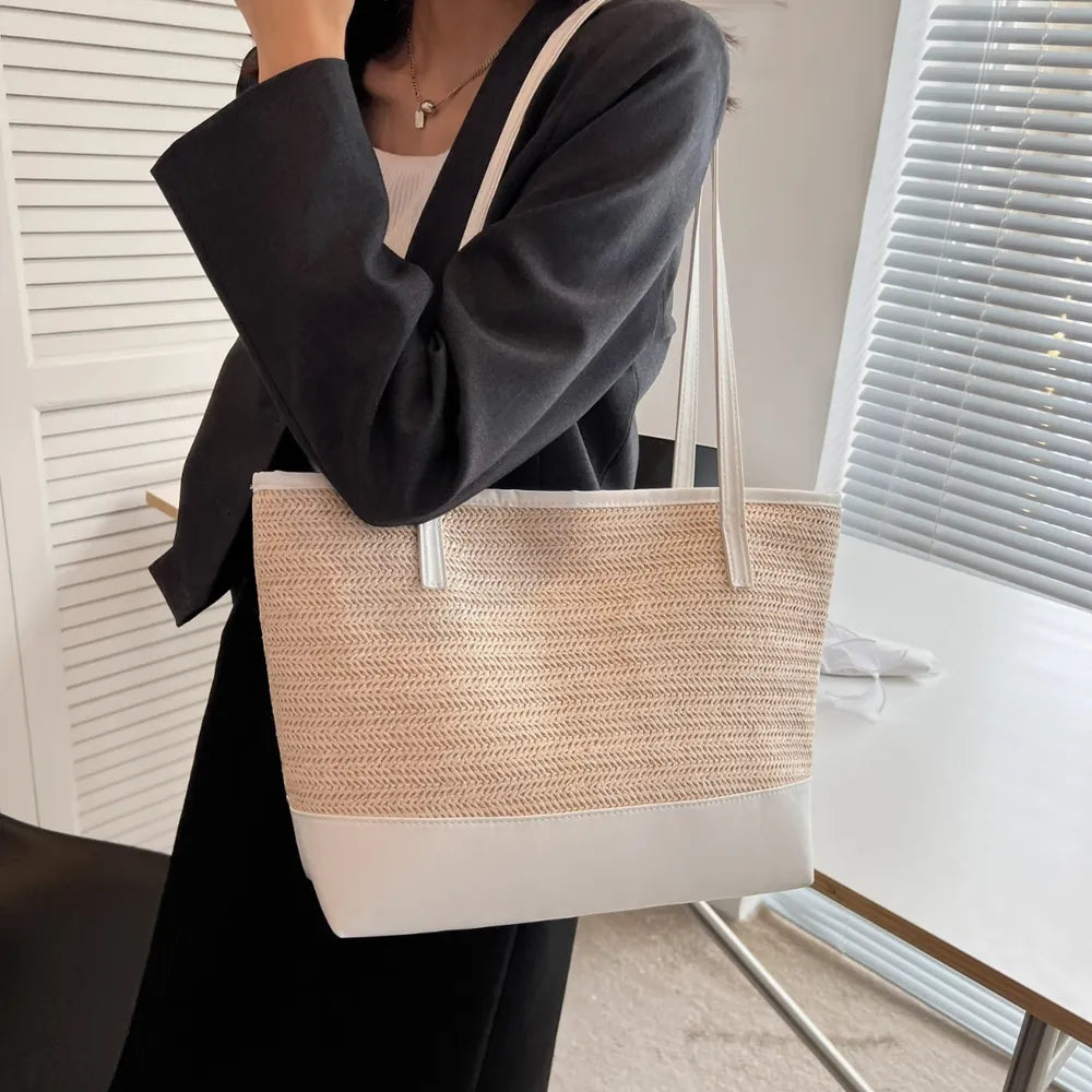 Straw Weave Leather Strap Tote Bag - Tote Bag by Trendsi | Available at Handbags Specialist Headquarter