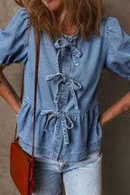 Tied Front Puff Sleeve Peplum Denim Shirt - Women / Jeans & Denim by Trendsi | Available at Handbags Specialist Headquarter