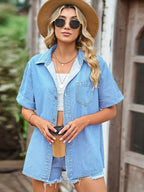 Pocketed Button Up Short Sleeve Denim Shirt - Women / Jeans & Denim by Trendsi | Available at Handbags Specialist Headquarter