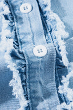 Button Down Raw Hem Ruffled Denim Shirt - Women / Jeans & Denim by Trendsi | Available at Handbags Specialist Headquarter