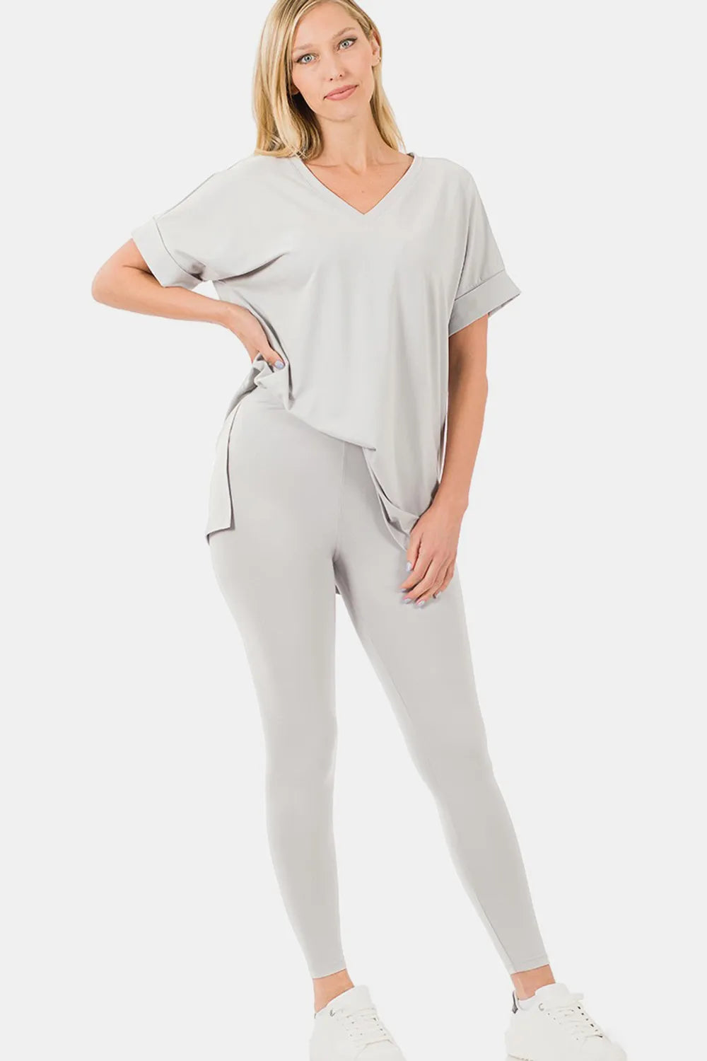 Zenana V-Neck Rolled Short Sleeve T-Shirt and Leggings Lounge Set - Sleepwear by Trendsi | Available at Handbags Specialist Headquarter