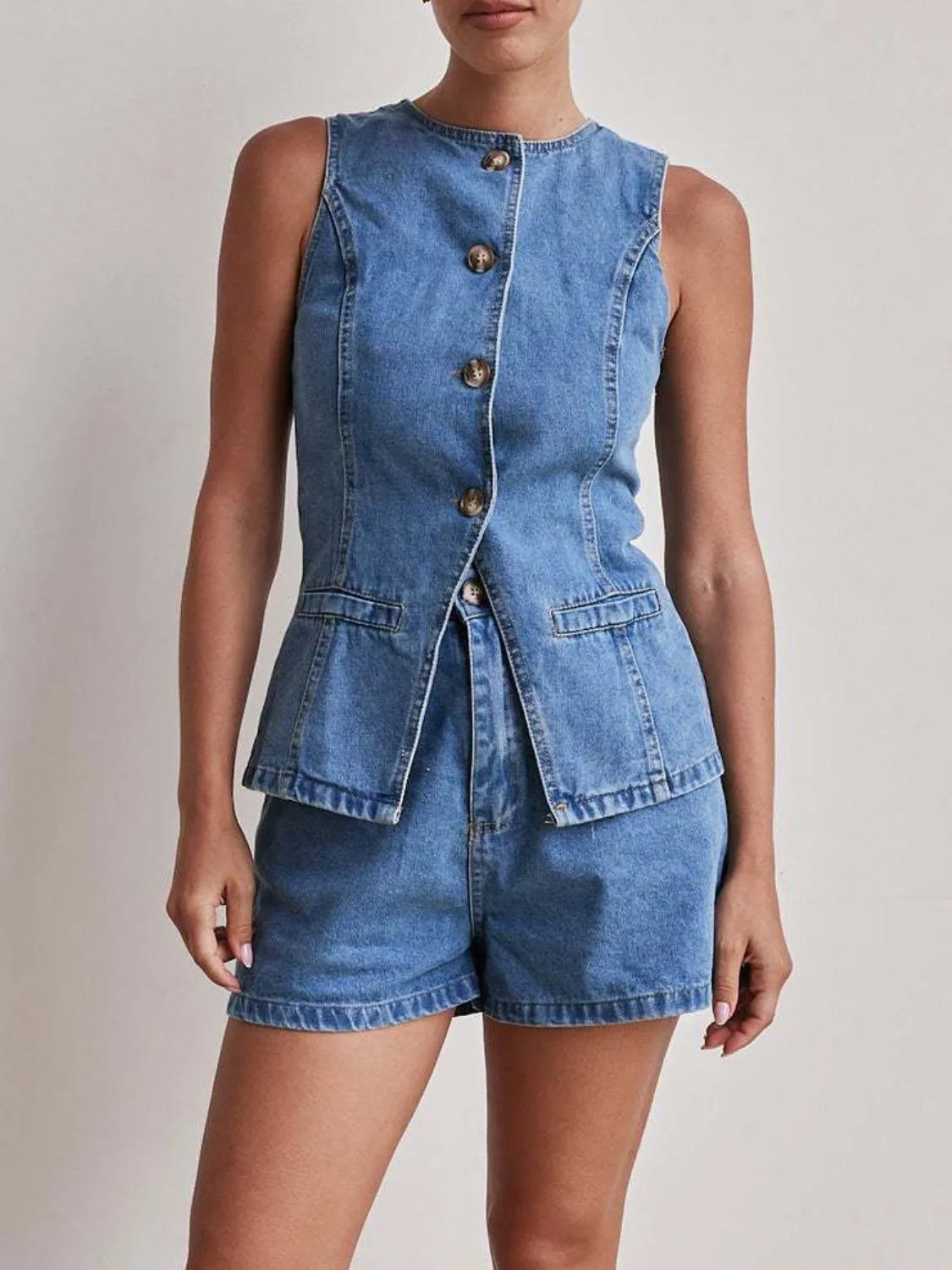 Button Down Vest and Shorts Denim Set - Women / Jeans & Denim by Trendsi | Available at Handbags Specialist Headquarter