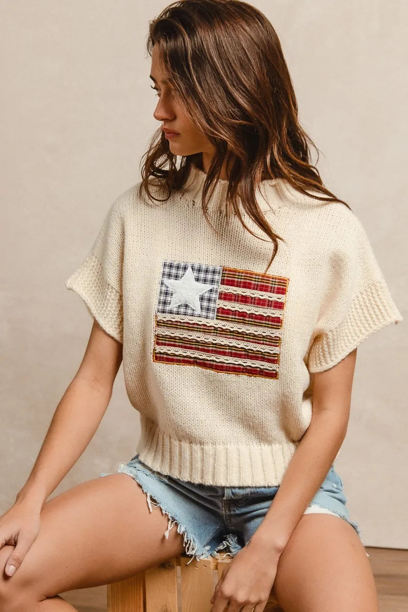 BiBi American Flag Patchwork Drop Shoulder Sweater - Tops by Trendsi | Available at Handbags Specialist Headquarter
