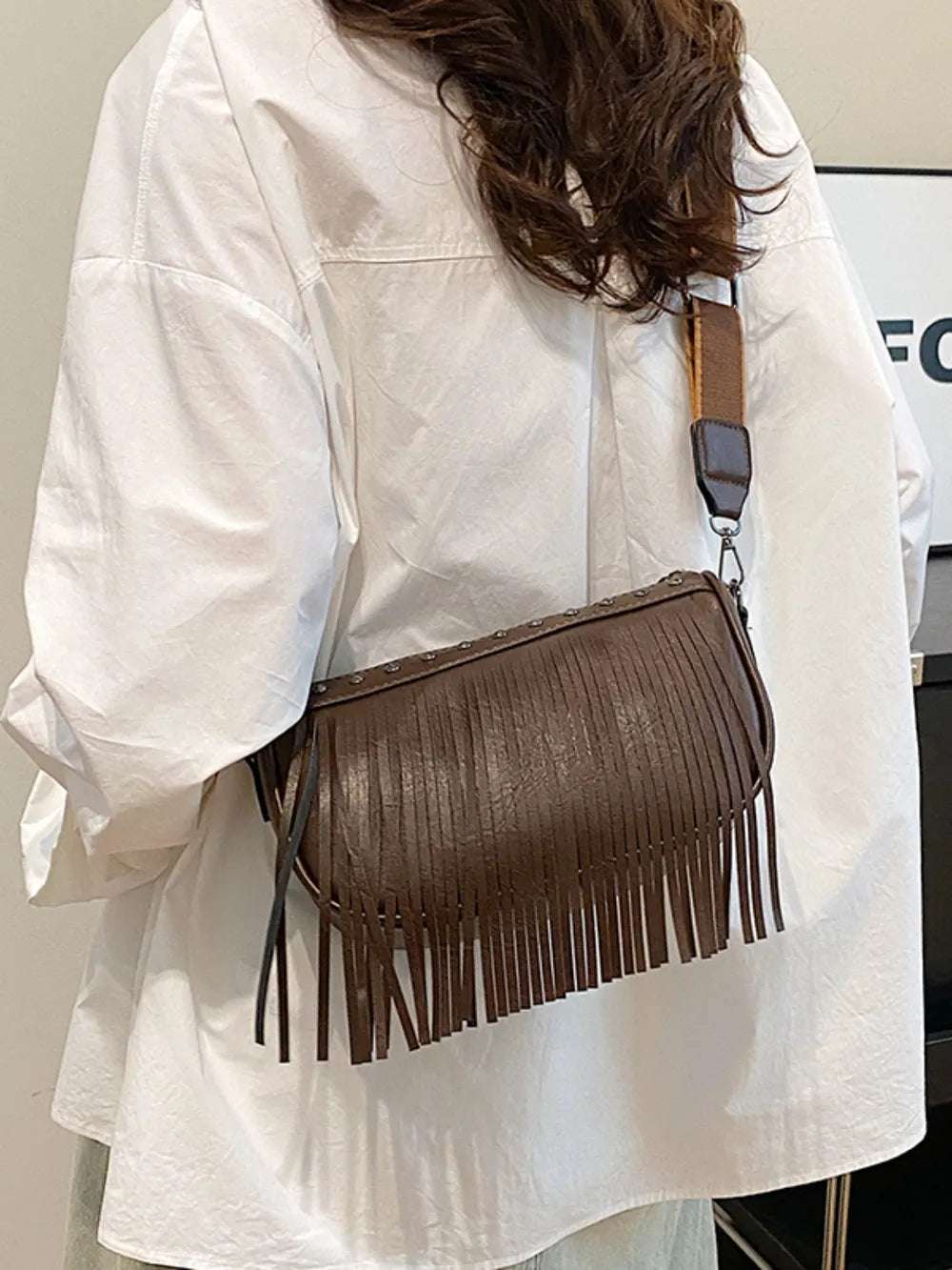 PU Leather Fringe Studded Crossbody Bag - Crossbody Bag by Trendsi | Available at Handbags Specialist Headquarter
