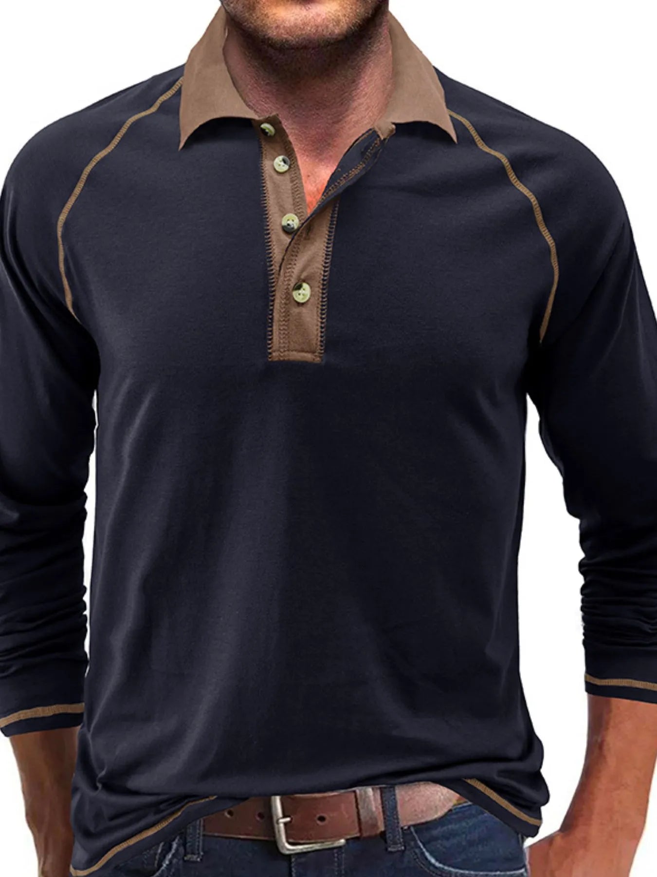 Men's Contrast Collar Long Sleeve Polo Shirt - Men's Polo shirt by Trendsi | Available at Handbags Specialist Headquarter