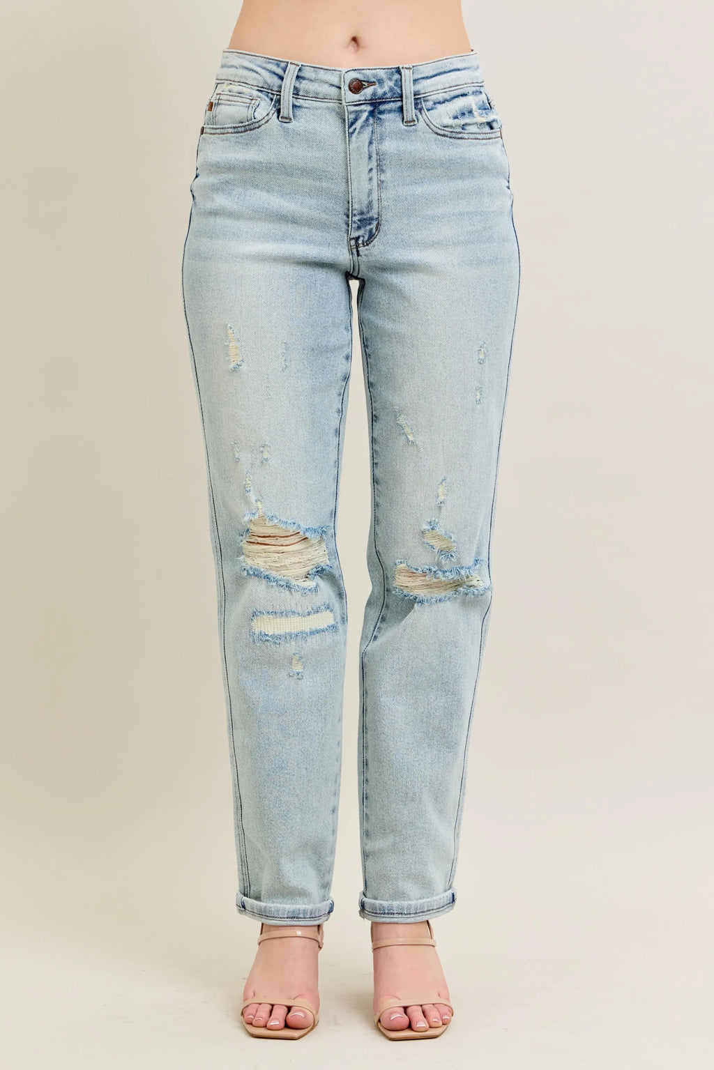 Judy Blue Full Size Mr Repair Stitch Detail Destroy Single Cuff Bf Jeans Plus Size - Women / Jeans & Denim by Trendsi | Available at Handbags Specialist Headquarter
