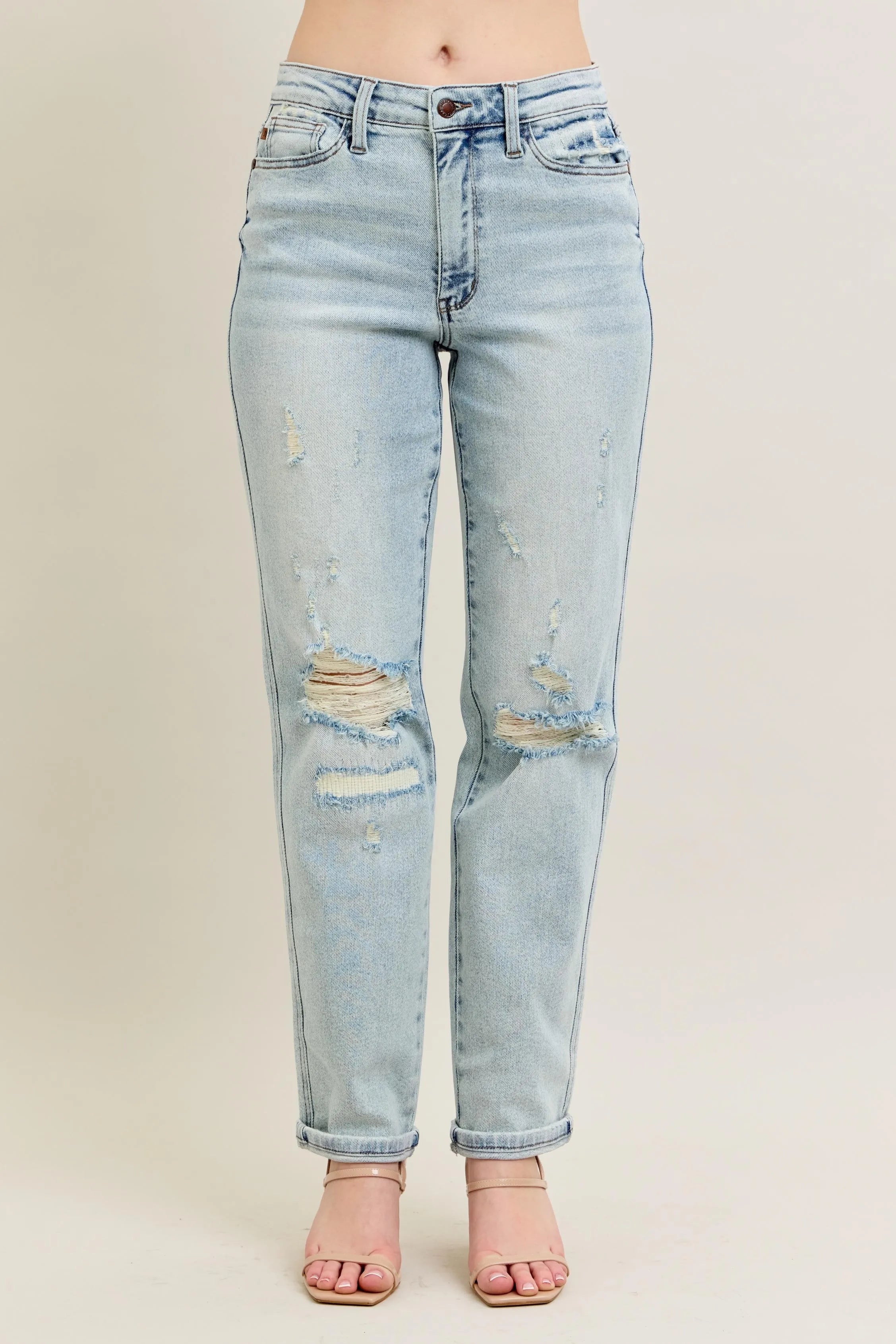 Judy Blue Full Size Mr Repair Stitch Detail Destroy Single Cuff Bf Jeans Plus Size - Women / Jeans & Denim by Trendsi | Available at Handbags Specialist Headquarter