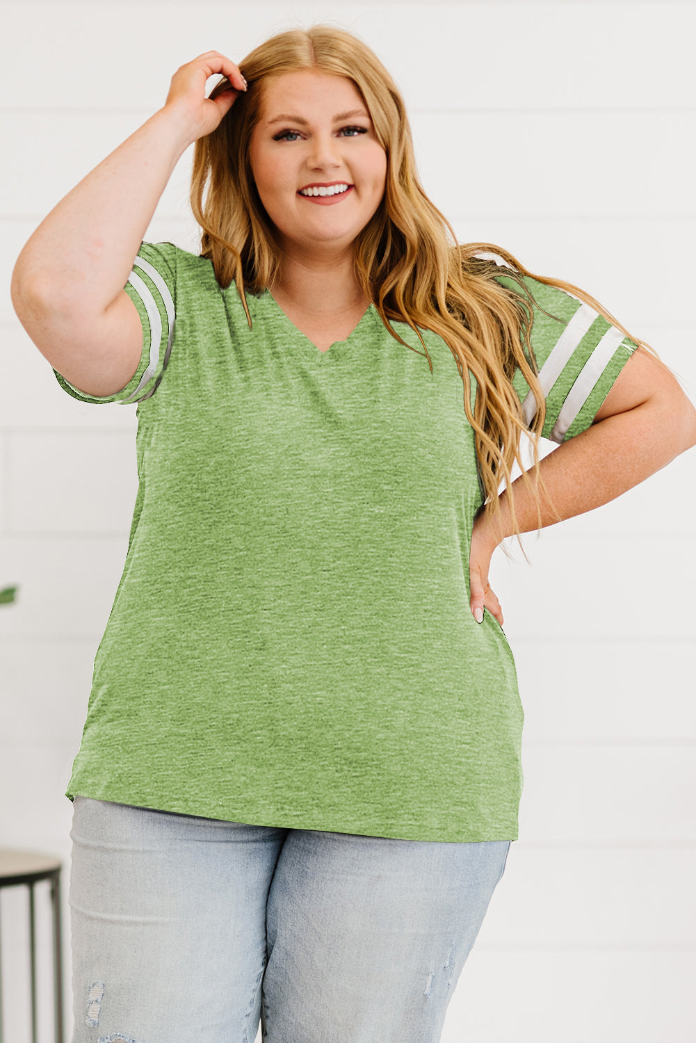 Plus Size Striped V-Neck Tee Shirt - Plus Size Shirts by Trendsi | Available at Handbags Specialist Headquarter