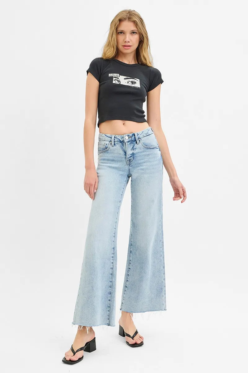 RISEN Full Size Tummy Control Low Rise Wide Leg Raw Cut Hem Jeans Plus Size - Women / Jeans & Denim by Trendsi | Available at Handbags Specialist Headquarter