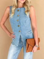 Sleeveless Button-Front Denim Vest - Women / Jeans & Denim by Trendsi | Available at Handbags Specialist Headquarter