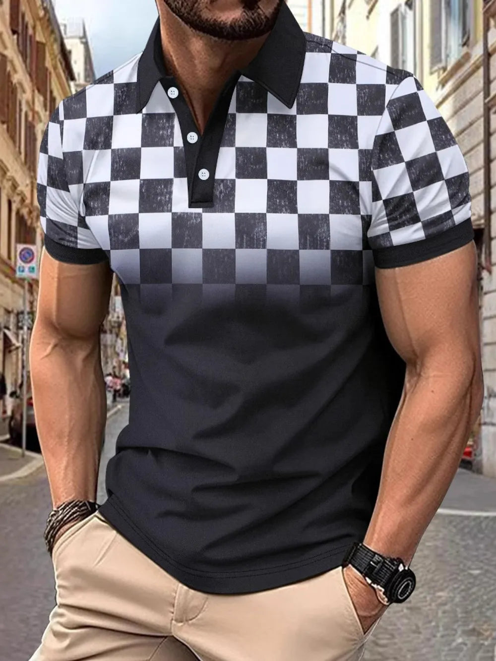 Men's Full Size Collared Checkered Short Sleeve Polo Plus Size - Men's Polo shirt by Trendsi | Available at Handbags Specialist Headquarter