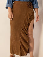 Plus Size Ruffled Slit High Rise Skirt -  by Trendsi | Available at Handbags Specialist Headquarter