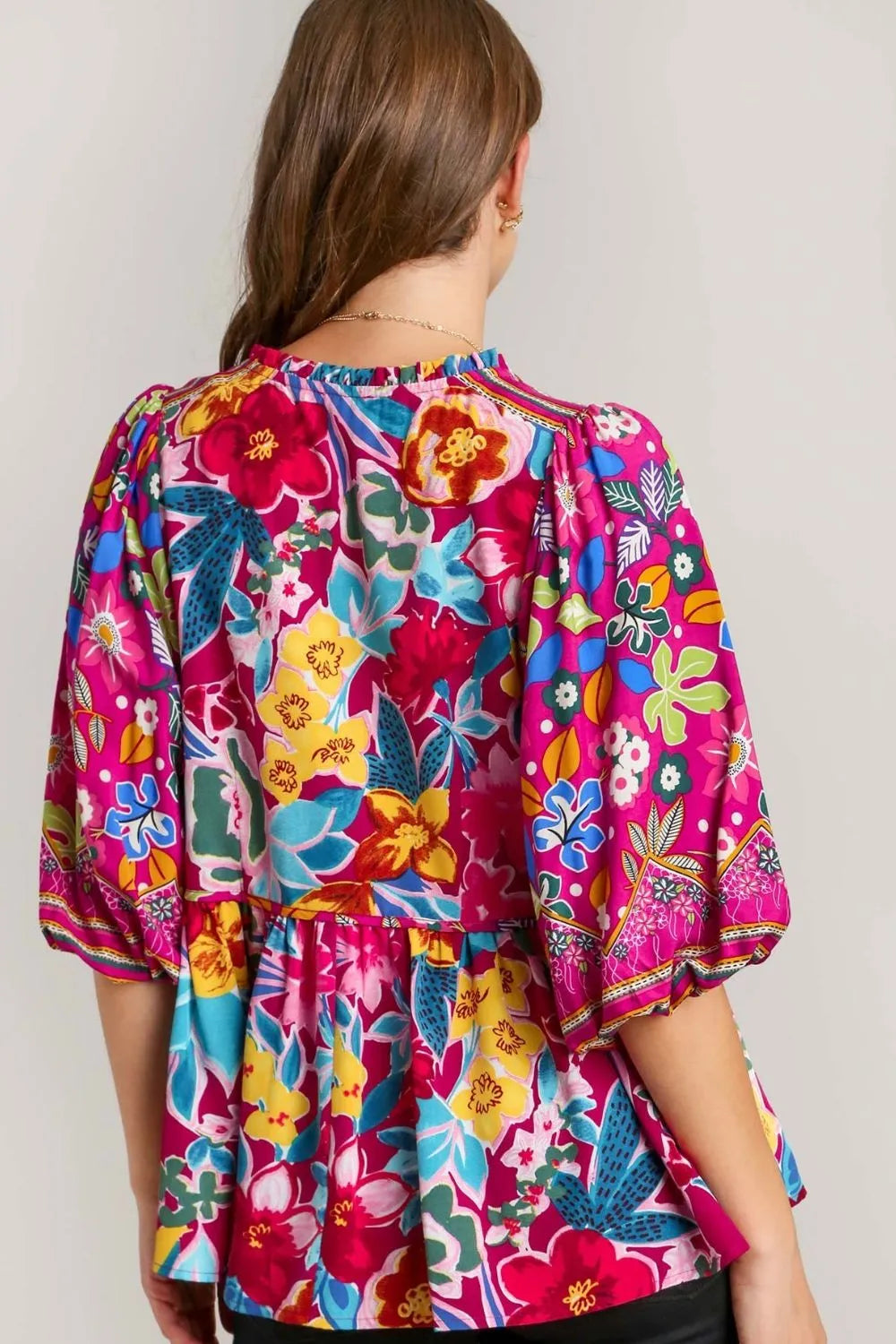 Umgee Full Size Floral Print Tie Neck Peplum Blouse Plus Size - Dresses by Trendsi | Available at Handbags Specialist Headquarter