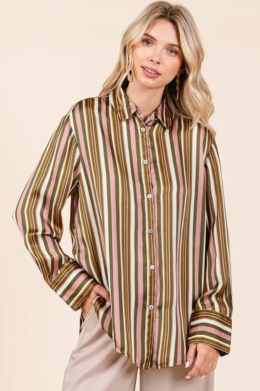 Mittoshop Striped Button Down Satin Shirt - Women's Down Shirt Tops by Trendsi | Available at Handbags Specialist Headquarter