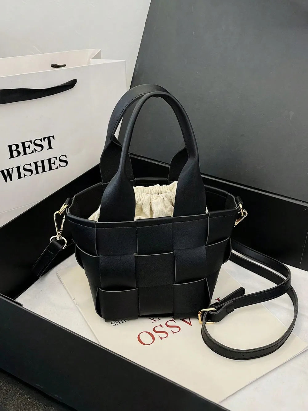 PU Leather Braided Bucket Bag - Tote Bag by Trendsi | Available at Handbags Specialist Headquarter