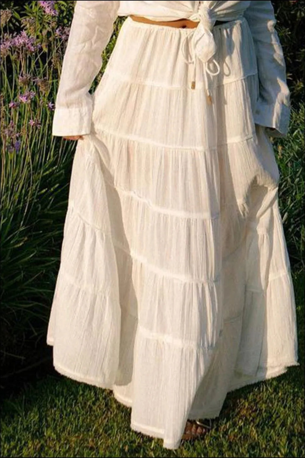 Bohemian Tiered Maxi Skirt with Drawstring Waist - Skirts by Trendsi | Available at Handbags Specialist Headquarter