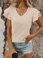 Eyelet V-Neck Ruffled Cap Sleeve Top - Tops by Trendsi | Available at Handbags Specialist Headquarter
