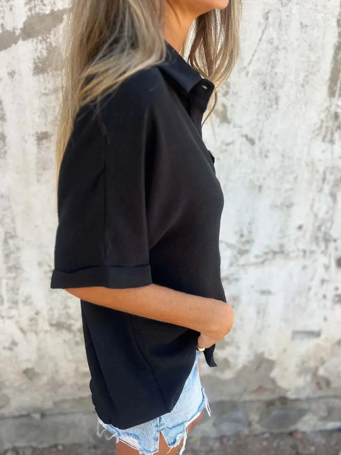 Full Size Collared Neck Half Sleeve Shirt Plus Size - Women Plus Size by Trendsi | Available at Handbags Specialist Headquarter