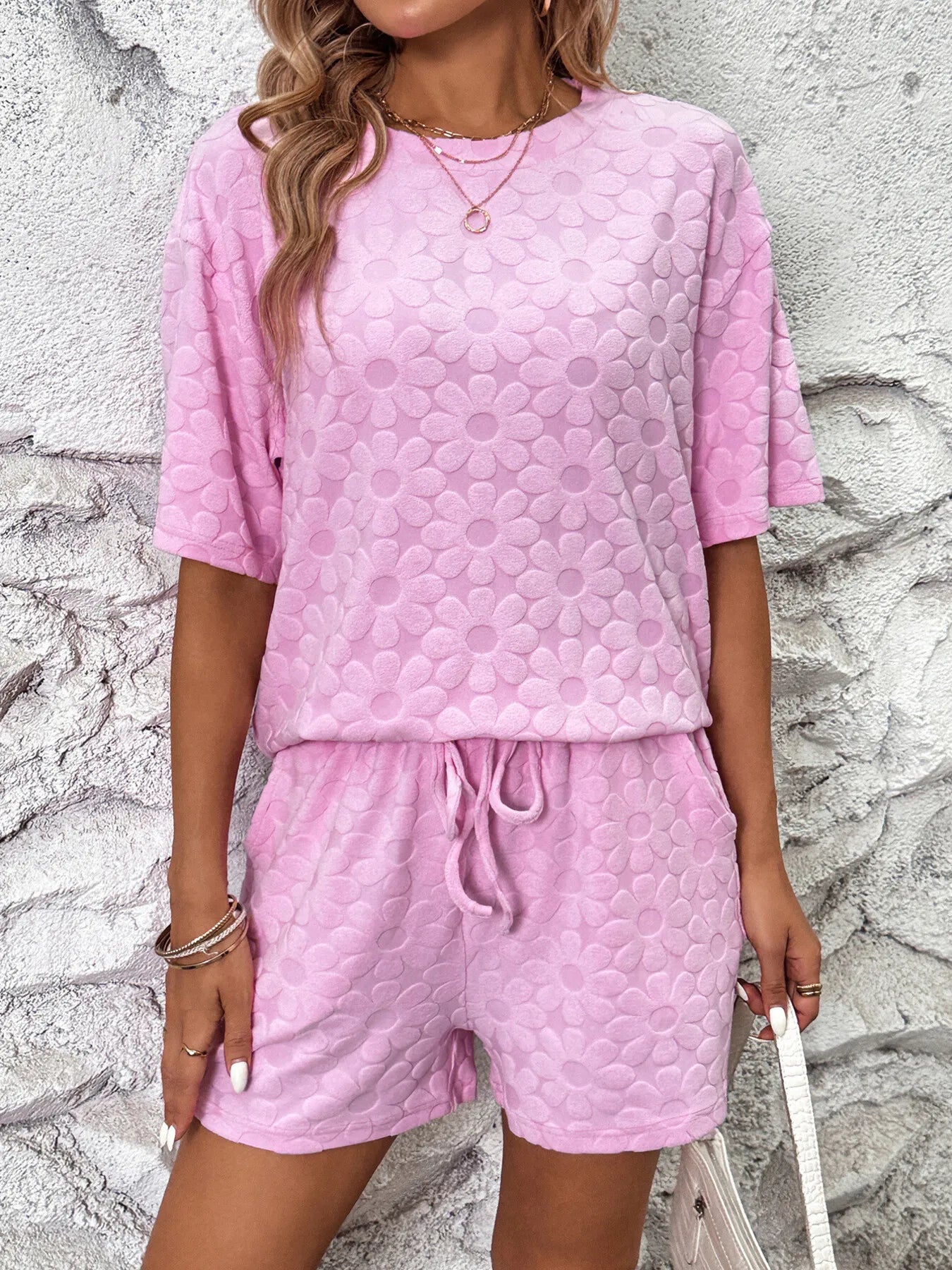 Flower Round Neck Top and Shorts Lounge Set - Sleepwear by Trendsi | Available at Handbags Specialist Headquarter