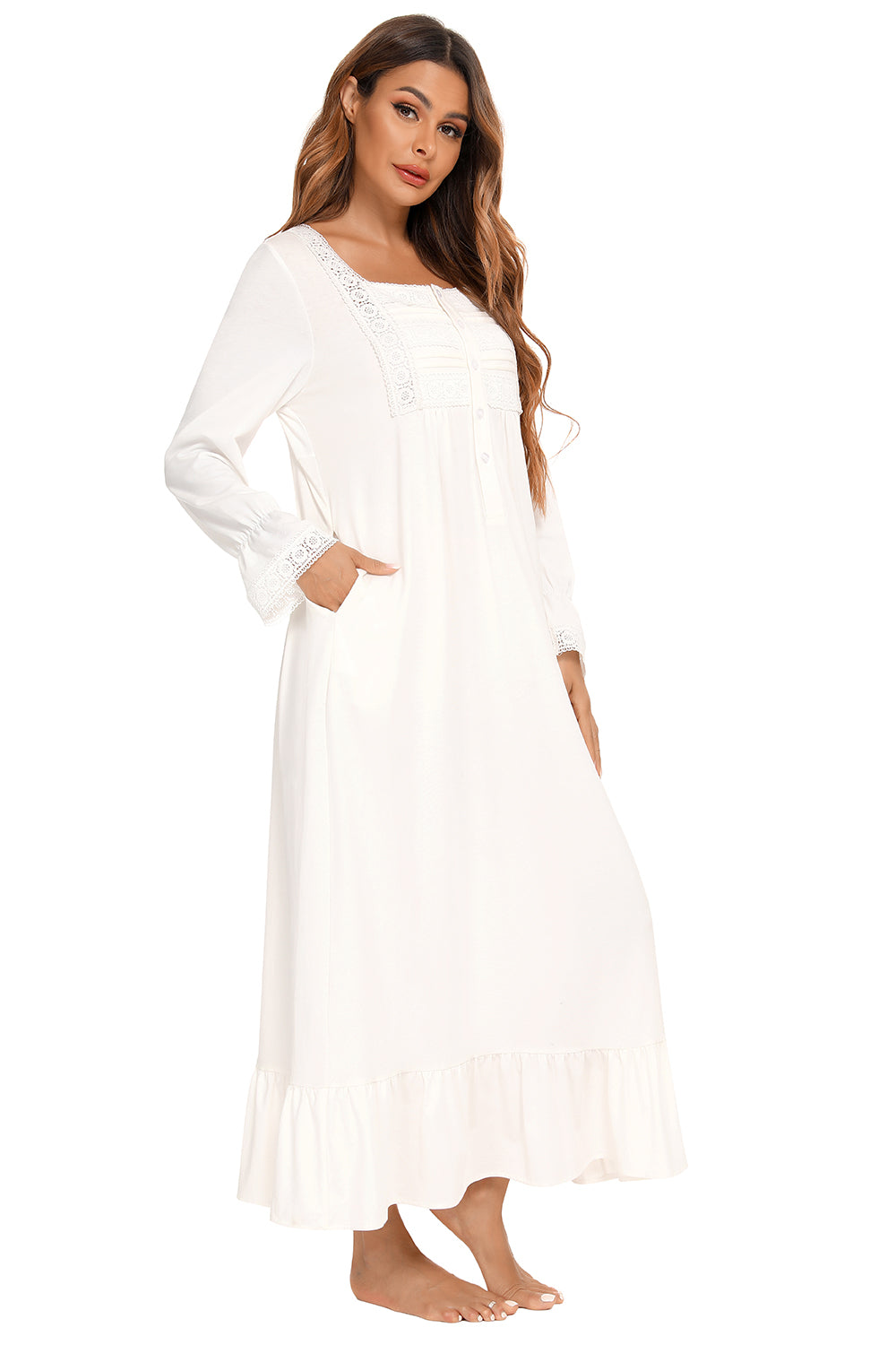 Lace Detail Square Neck Flounce Sleeve Night Dress - Sleepwear by Trendsi | Available at Handbags Specialist Headquarter