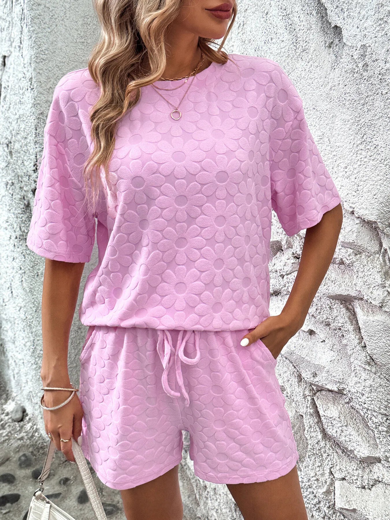 Flower Round Neck Top and Shorts Lounge Set - Sleepwear by Trendsi | Available at Handbags Specialist Headquarter