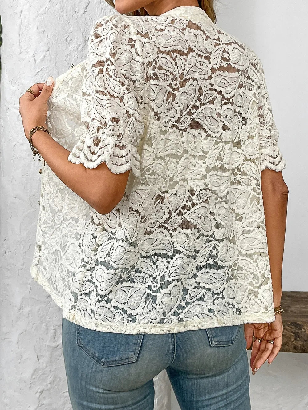 Button Down Half Sleeve Lace Shirt - Women's Down Shirt Tops by Trendsi | Available at Handbags Specialist Headquarter