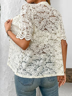 Button Down Half Sleeve Lace Shirt - Women's Down Shirt Tops by Trendsi | Available at Handbags Specialist Headquarter