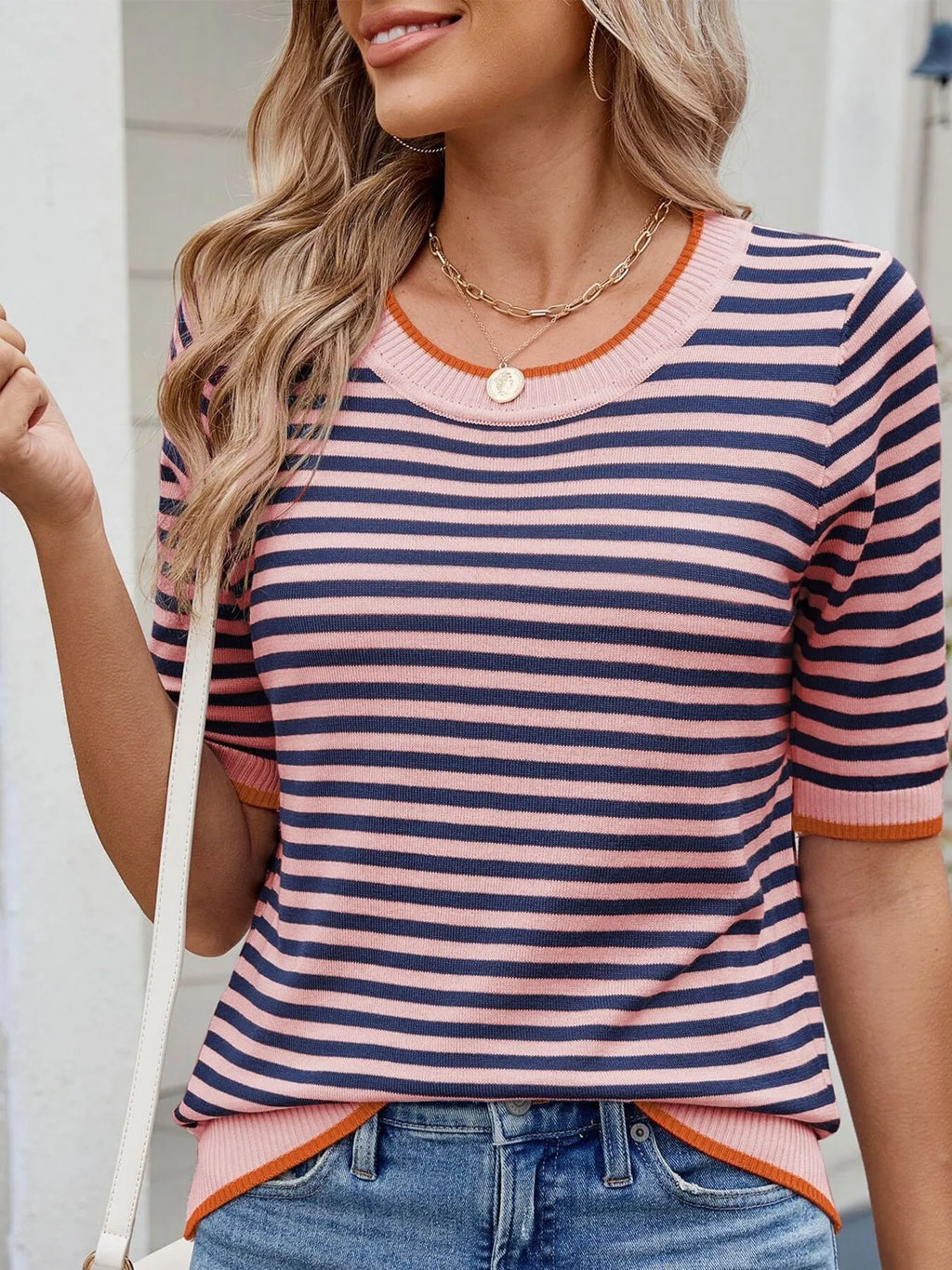 Striped Casual T-Shirt with Contrast Trim - Tops by Trendsi | Available at Handbags Specialist Headquarter
