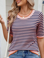 Striped Casual T-Shirt with Contrast Trim - Tops by Trendsi | Available at Handbags Specialist Headquarter