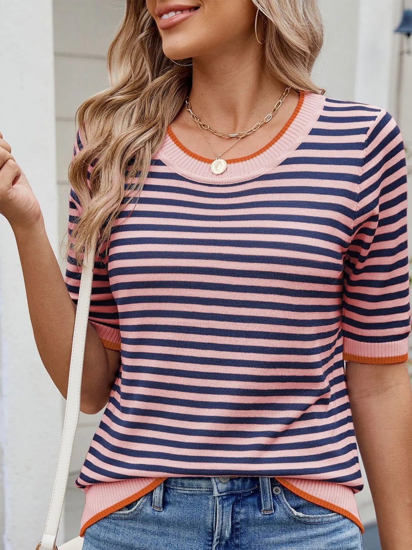 Striped Casual T-Shirt with Contrast Trim - Tops by Trendsi | Available at Handbags Specialist Headquarter