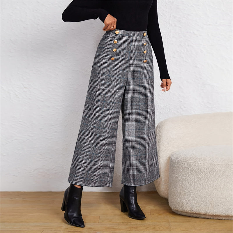 Plaid Breeze: Women's Wide-Leg Office Pants