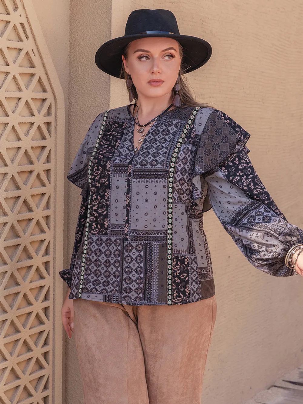 Plus Size Ruffled Printed Notched Long Sleeve Blouse - Plus Size Shirts by Trendsi | Available at Handbags Specialist Headquarter